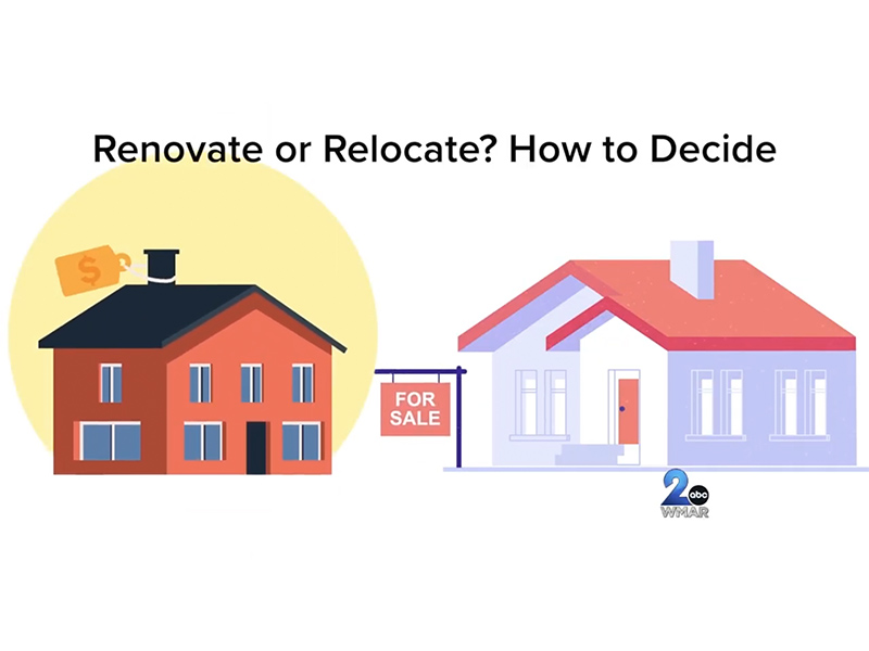Graphic of 2 houses, one with a for sale in front of it and the sentence "Renovate or Relocate? How to Decide" above both.