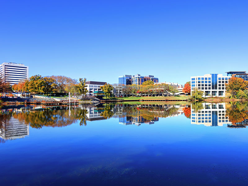Landscape view of Columbia, MD across a body of water.