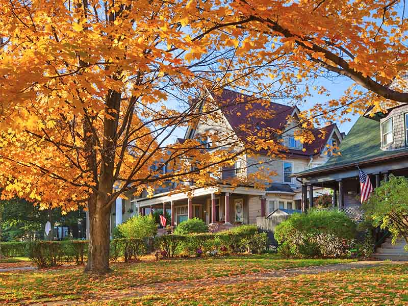 Residential home during the autumn season with leaves on the ground and tree changing colors.